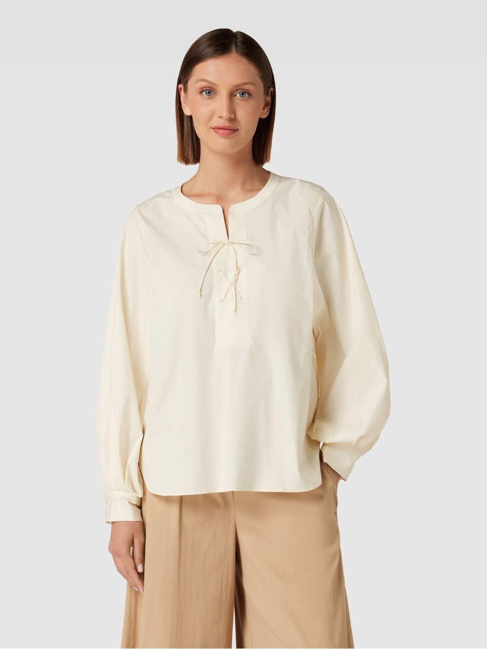 Mos Mosh L Lace-Up Cream Peasant Blouse Balloon Sleeve Quiet Luxury Scandinavian